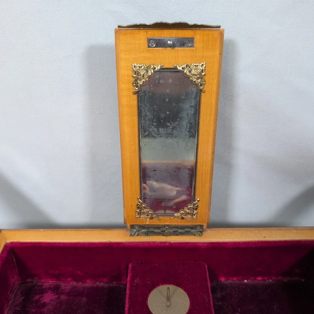 Vintage Working Wooden Ballerina (nonworking) Music Box Mirror Red Fabric Lining